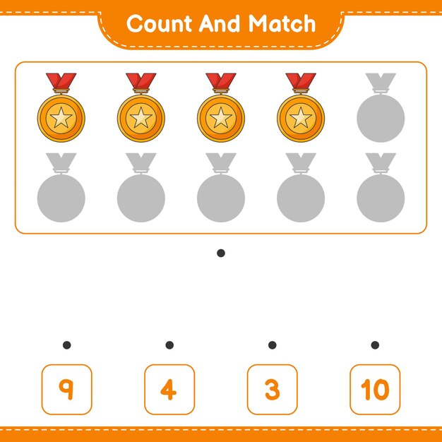 Cuente y haga coincidir el número de trofeos y haga coincidir con los números correctos Juego educativo para niños hoja de cálculo imprimible ilustración vectorial