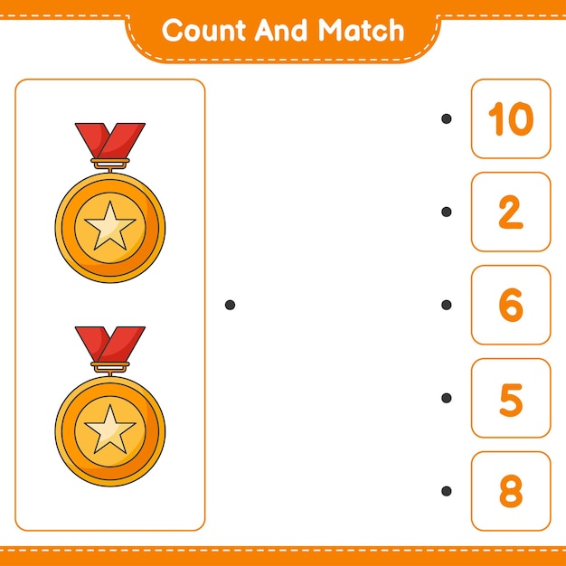 Cuente y haga coincidir el número de trofeos y haga coincidir con los números correctos Juego educativo para niños hoja de cálculo imprimible ilustración vectorial