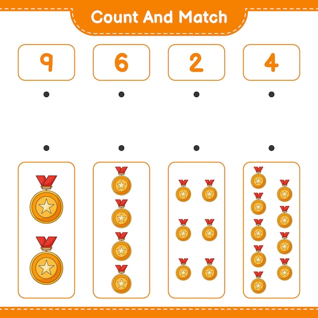 Cuente y haga coincidir el número de trofeos y haga coincidir con los números correctos Juego educativo para niños hoja de cálculo imprimible ilustración vectorial