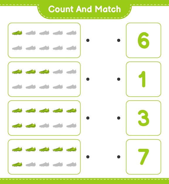 Cuente y haga coincidir el número de zapatos de fútbol y haga coincidir con los números correctos Juego educativo para niños hoja de cálculo imprimible ilustración vectorial