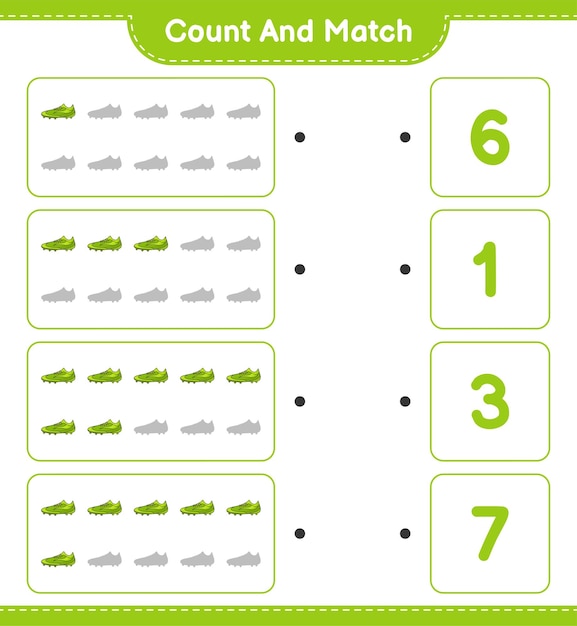 Cuente y haga coincidir el número de zapatos de fútbol y haga coincidir con los números correctos juego educativo para niños hoja de cálculo imprimible ilustración vectorial