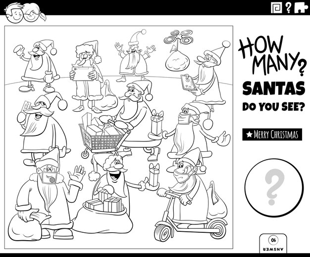 Cuente el juego con personajes de dibujos animados de santa claus en la página del libro para colorear de navidad