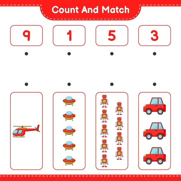 Cuente el número de helicópteros Ufo Robot Character Car y combínelos con los números correctos