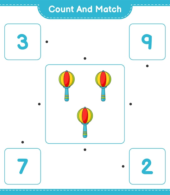 Cuente el número de sonajeros para bebés y combínelos con los números correctos
