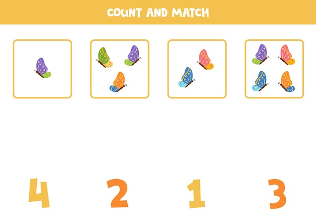 Cuente todas las mariposas de colores y combínelas con los números correctos. juego de matemáticas para niños.