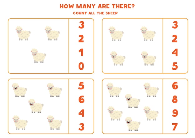 Cuente todas las ovejas de la granja y encierre en un círculo las respuestas correctas. juego de matemáticas para niños.