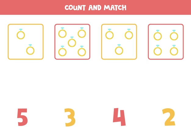 Cuente todos los anillos de san valentín y combine con la respuesta correcta. juego educativo de matemáticas para niños.