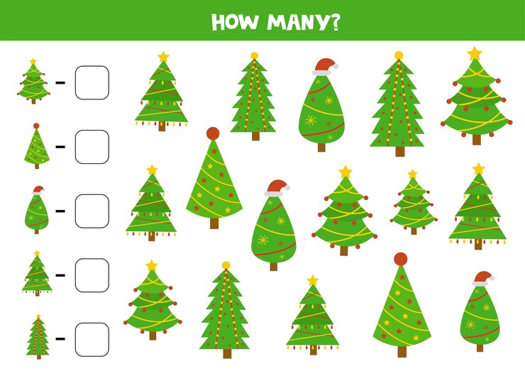 Vector cuente todos los árboles de navidad. juego educativo de matemáticas para niños. contando la hoja de trabajo para niños.