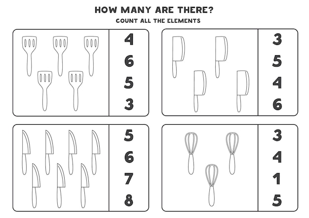 Cuente todos los cubiertos de cocina en blanco y negro con las respuestas correctas. juego de matemáticas para niños.