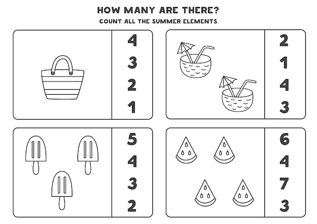 Cuente todos los elementos de verano en blanco y negro y encierre en un círculo las respuestas correctas. Juego de matemáticas para niños.