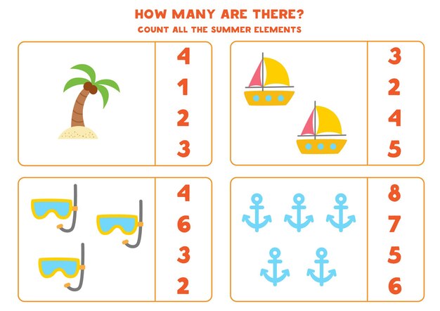 Cuente todos los elementos del verano y encierre en un círculo las respuestas correctas. Juego de matemáticas para niños.