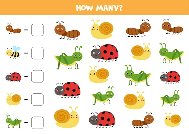 Cuente todos los insectos lindos y escriba el número en el recuadro. Juego de matemáticas para niños.