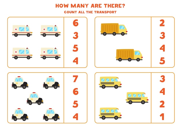 Cuente todos los medios de transporte y encierre en un círculo la respuesta correcta. juego de matemáticas.