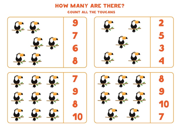Cuente todos los tucanes y encierre en un círculo la respuesta correcta. Juego de matemáticas para niños en edad preescolar.