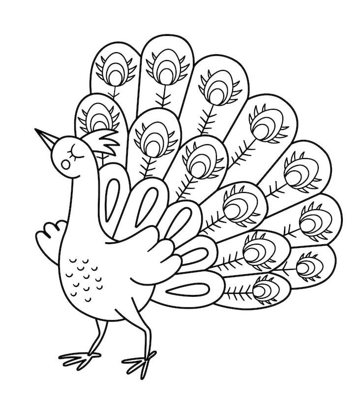 Vector cuento de hadas blanco y negro vector pavo real línea de fantasía pájaro con cuento extendido personaje animal de cuento de hadas icono mágico de dibujos animados o página para colorearxa