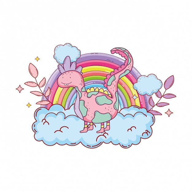 cuento de hadas dinosaurio con arcoiris en nube