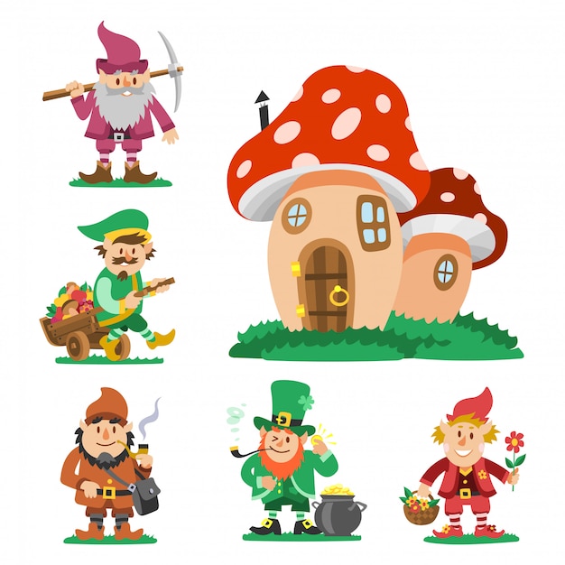 Cuento de hadas fantástico gnomo enano elfo personaje plantea duende mágico lindo cuento de hadas hombre ilustración