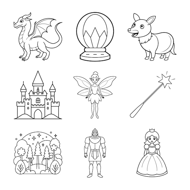 Cuento de hadas mágico para colorear página de arte de línea con castillos princesas caballeros dragones y más