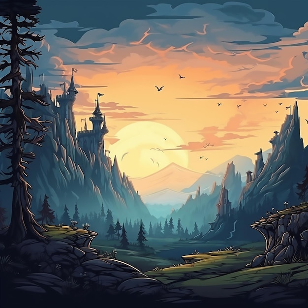 Cuento de hadas pintura de la selva sueño mágico fantasía tierra camino panorama juego gráfico escena fantástica pared