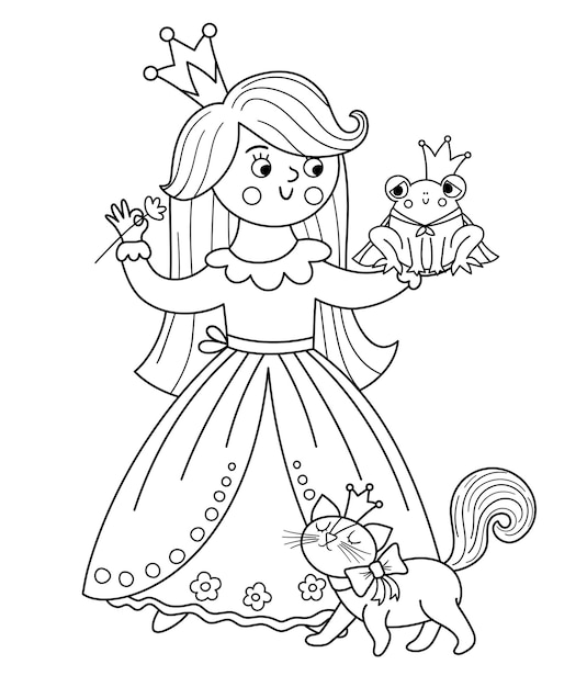 Cuento de hadas vector princesa en blanco y negro con príncipe rana y gato línea de fantasía chica en corona mucama de cuento de hadas medieval página para colorear icono mágico de dibujos animados femeninos con lindo personajexa