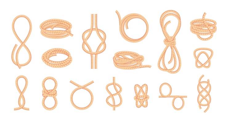 Vector cuerdas anudadas bowknot en bucle curva retorcida hilo de fibra recta hilo trenzado nudo cuerda elementos de amarre estilo plano de dibujos animados vector colección aislada