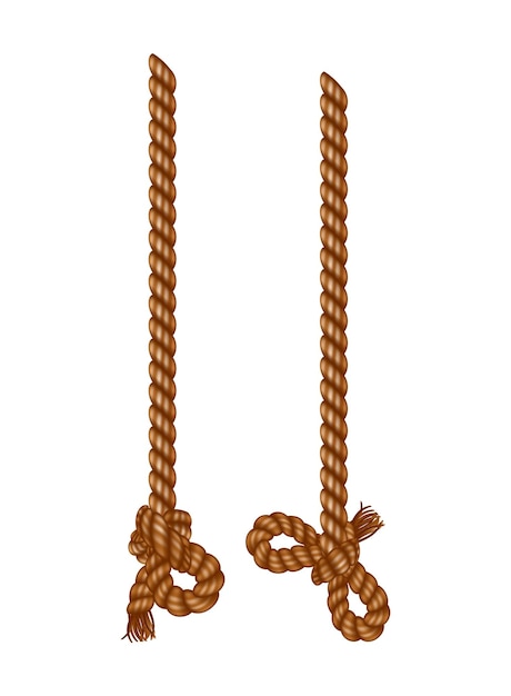 Cuerdas para colgar aisladas con borlas. Hilo náutico anudado realista. Fibra vertical náutica o marina. Hilos de cáñamo con cepillo y nudo deshilachado. Borla textil cuelga de la cuerda.