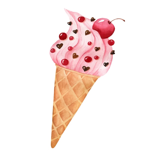 Vector cuerno de helado de fresa con pedazos de fruta roja