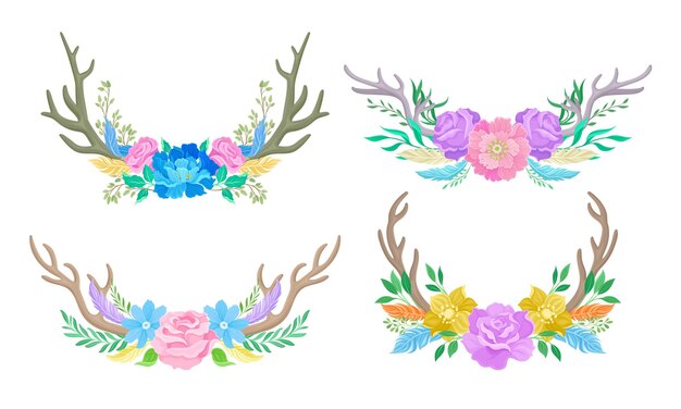 Los cuernos de ciervo arreglados con brillantes brotes florales y plumas tiernas