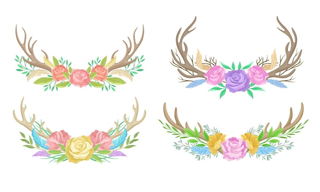 Los cuernos de ciervo arreglados con brillantes brotes florales y plumas tiernas