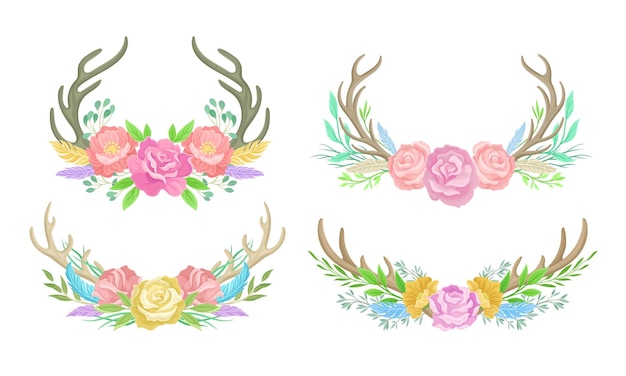 Los cuernos de ciervo arreglados con brillantes brotes florales y plumas tiernas
