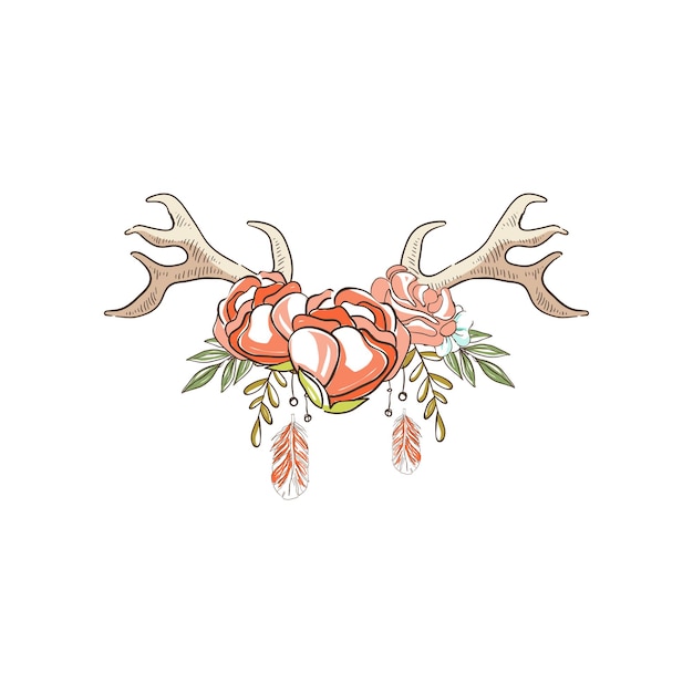 Cuernos de ciervo con flores rosas rojas y plantas composición floral dibujada a mano con astas vector ilustración sobre un fondo blanco