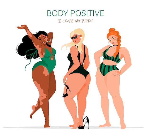 Vector el cuerpo de una chica gordita positiva en trajes de baño en diferentes poses ama su cuerpo de diferentes etnias