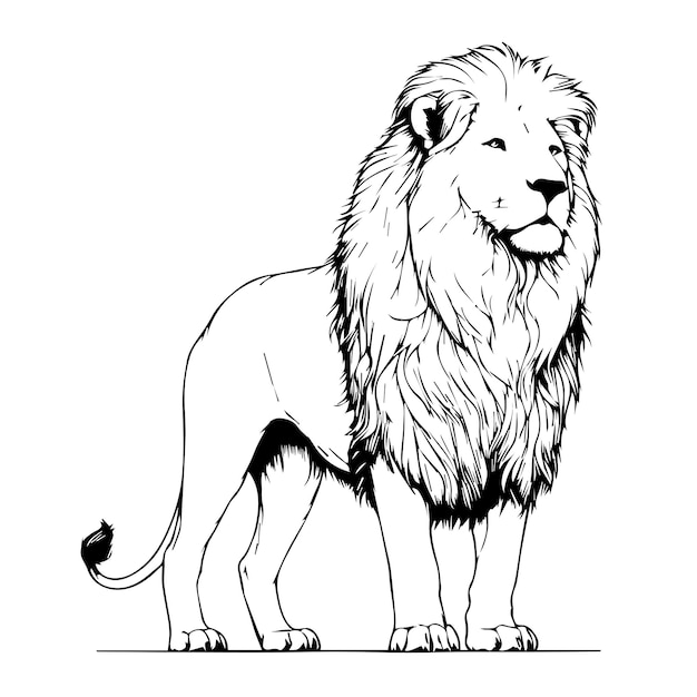 Vector cuerpo completo león en línea de arte dibujo plano estilo de diseño simple y minimalista con un fondo blanco sencillo