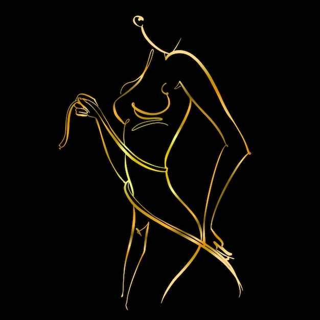 Un cuerpo deportivo. Arte lineal. Una hermosa niña se dibuja con una línea. Oro sobre negro. Aptitud física. Vector.