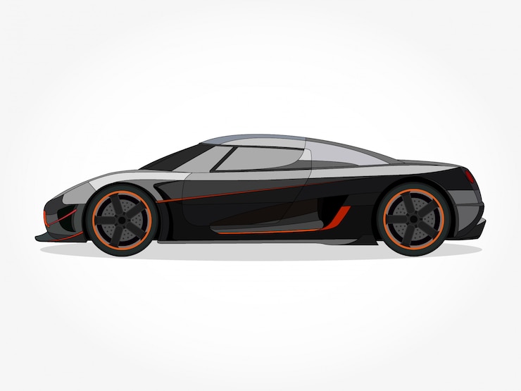 Vector cuerpo detallado y bordes de una ilustración de vector de dibujos animados de coche de color plano con trazo negro y efecto de sombra