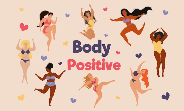 Vector cuerpo feliz positivo mujeres de diferentes tamaños y razas.