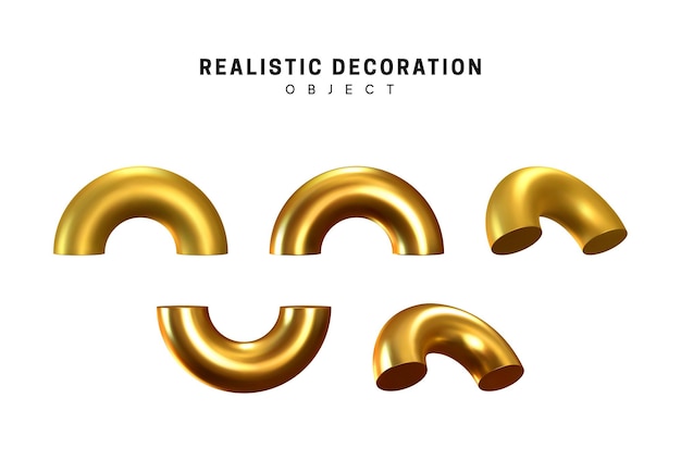 Cuerpo geométrico Half Torus en metal dorado. Donut Formas realistas. Elementos de diseño decorativo dorado aislado fondo blanco. Objetos 3d de color amarillo en forma de tor. ilustración vectorial