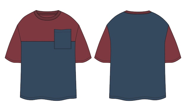 Vector cuerpo de gran tamaño con corte y costura en el pecho y plantilla de ilustración de vector de boceto plano de camiseta de bolsillo