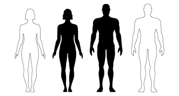 cuerpo humano hombre y mujer silueta figura masculina y femenina vector monocromático contorno de persona aislada de pie a toda altura contorno y representación anatómica de personas negras