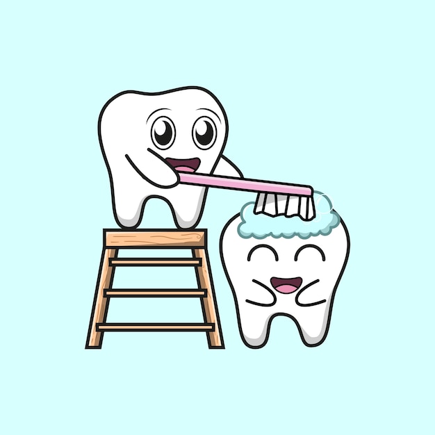 Cuerpo de limpieza de dientes kawaii lindo con ilustración de dibujos animados de vector de amigo