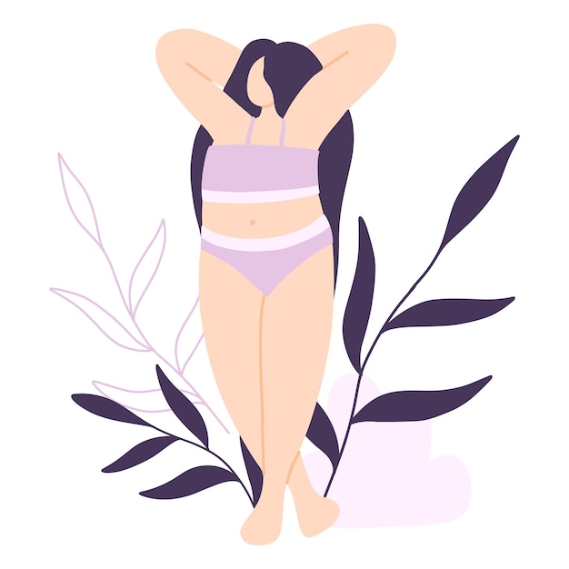 Cuerpo de mujer cartel positivo con chica y hojas ilustración vectorial