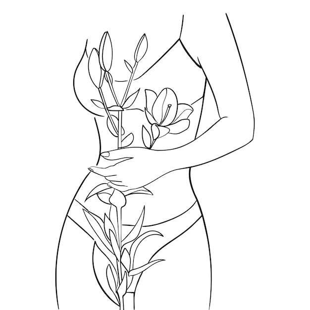 Cuerpo de mujer hermosa con flor de lirio, arte lineal. concepto de cuidado corporal. - ilustración vectorial