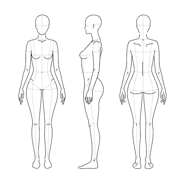 Cuerpo de mujer Niña de pie de toda la longitud Femenina Diferentes figuras en postura Ilustración de línea de moda
