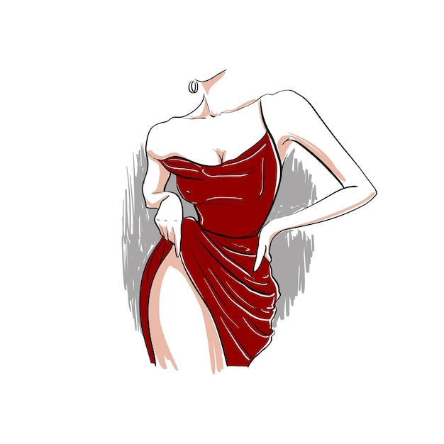 Cuerpo de mujer en vestido rojo con la mano en una ilustración de cadera