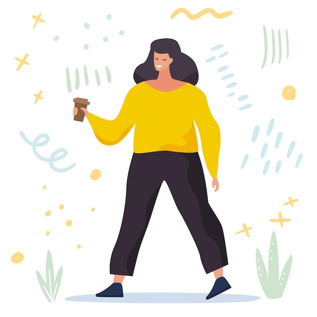 Cuerpo positivo Ama tu cuerpo Feliz baile de mujer de talla grande y estilo de vida activo Estilo de dibujos animados planos