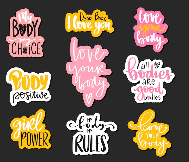 Cuerpo positivo, colección de pegatinas de feminismo. Amo tu cuerpo, poder femenino, mi cuerpo mis reglas - eslogan de activistas.