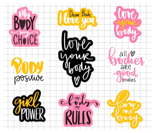 Cuerpo positivo, colección de pegatinas de feminismo. Amo tu cuerpo, poder femenino, mi cuerpo mis reglas - eslogan de activistas.
