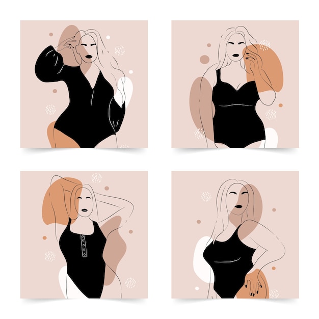 Cuerpo positivo. Figura femenina minimalista abstracta. Mujeres elegantes lineales en lencería y traje de baño en formas abstractas simples.