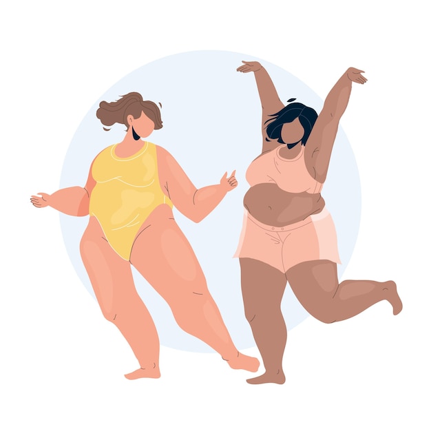 Cuerpo positivo joven pareja bailando Vector. Chicas con confianza y positividad corporal en ropa interior lencería bailan juntas. Personajes Lady Funny Happy Time Flat Cartoon Ilustración