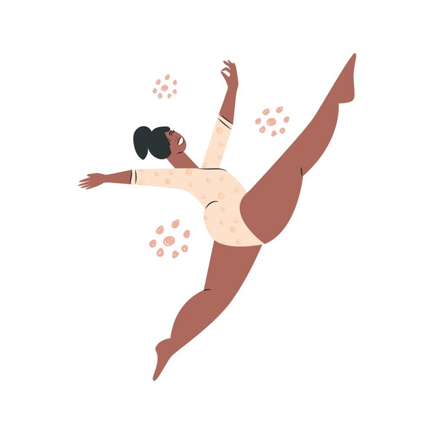Cuerpo positivo mujer afroamericana regordeta chica de talla grande en traje de baño bikini gordita modelo de dama grande gimnasta y bailarina saltando personaje femenino de dibujos animados con sobrepeso ilustración vectorial
